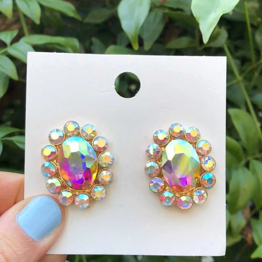 Aurora Borealis Oval Crystal Halo Statement Earrings